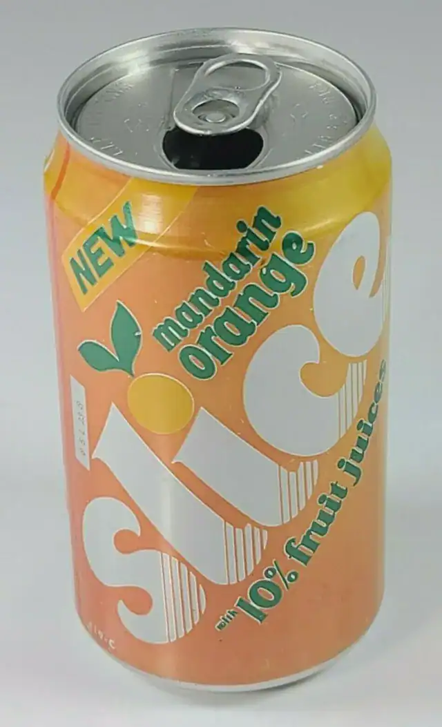A vintage can of Slice Mandarin Orange soda, a nostalgic drink that stood out in the 90s for containing 10% real fruit juice.