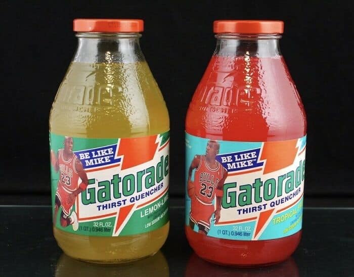 Two glass bottles of Gatorade in Lemon-Lime and Tropical Fruit flavors featuring Michael Jordan, a nostalgic drink design from the Be Like Mike era.