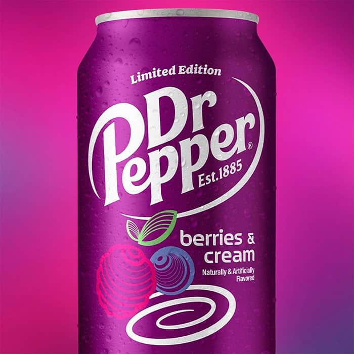 A can of Berries and Cream Dr Pepper, a limited edition nostalgic drink famous for its distinct flavor and viral "Little Lad" commercial.