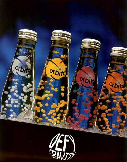 A lineup of Orbitz bottles, the controversial nostalgic drink famous for having floating edible balls inside that looked like a lava lamp.