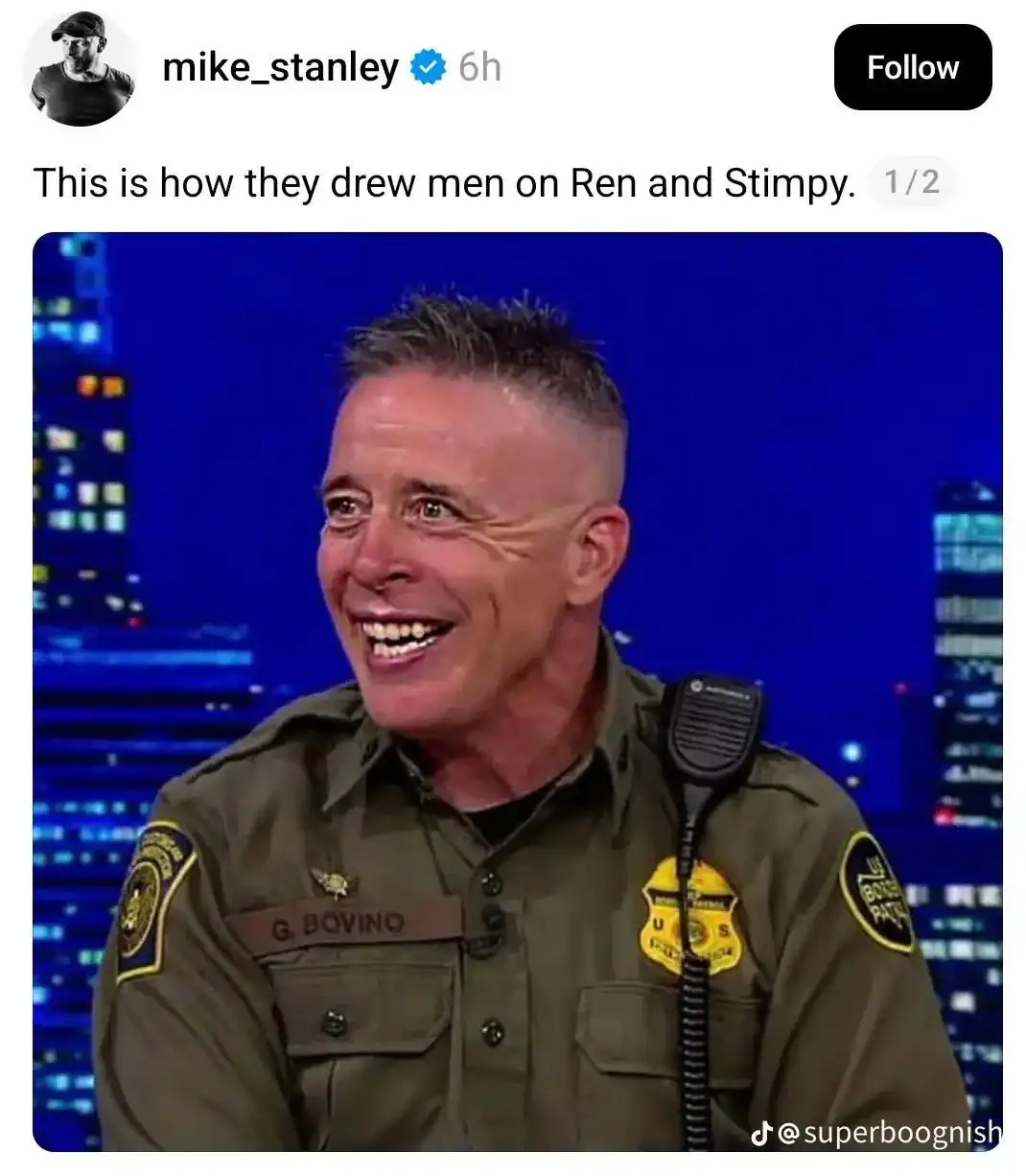 Twitter post mocking a Border Patrol officer's grin by comparing his features to Ren and Stimpy characters.