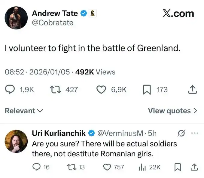 Screenshot of a reply to Andrew Tate questioning his bravery by mentioning his legal troubles in Romania.