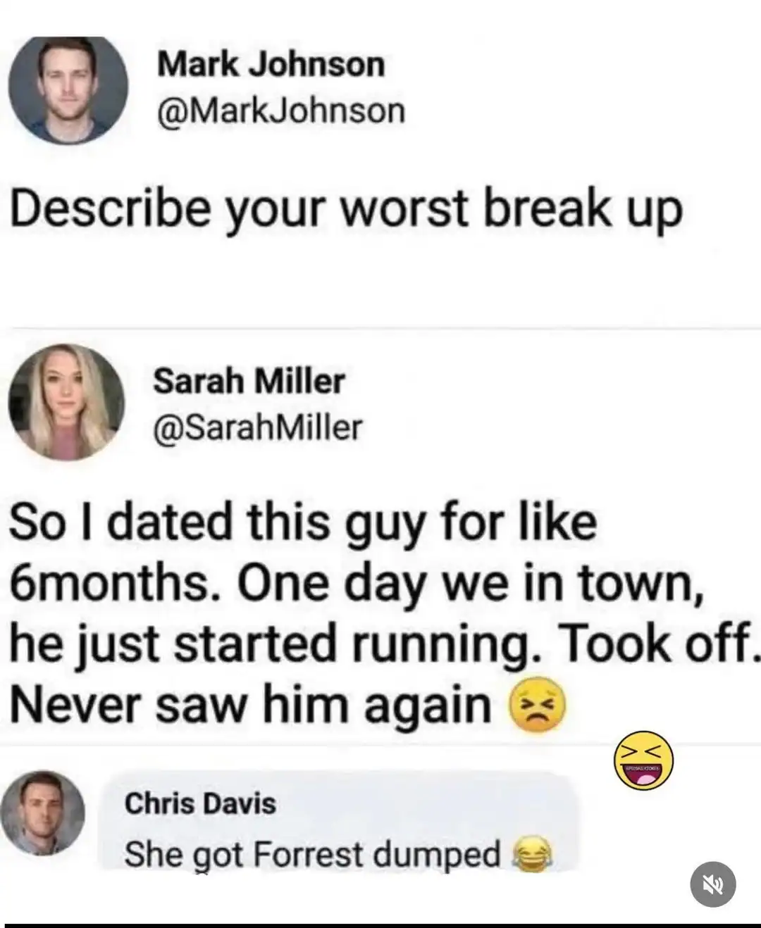 Facebook comment thread where a woman describes a bizarre breakup, resulting in the label Forrest dumped.