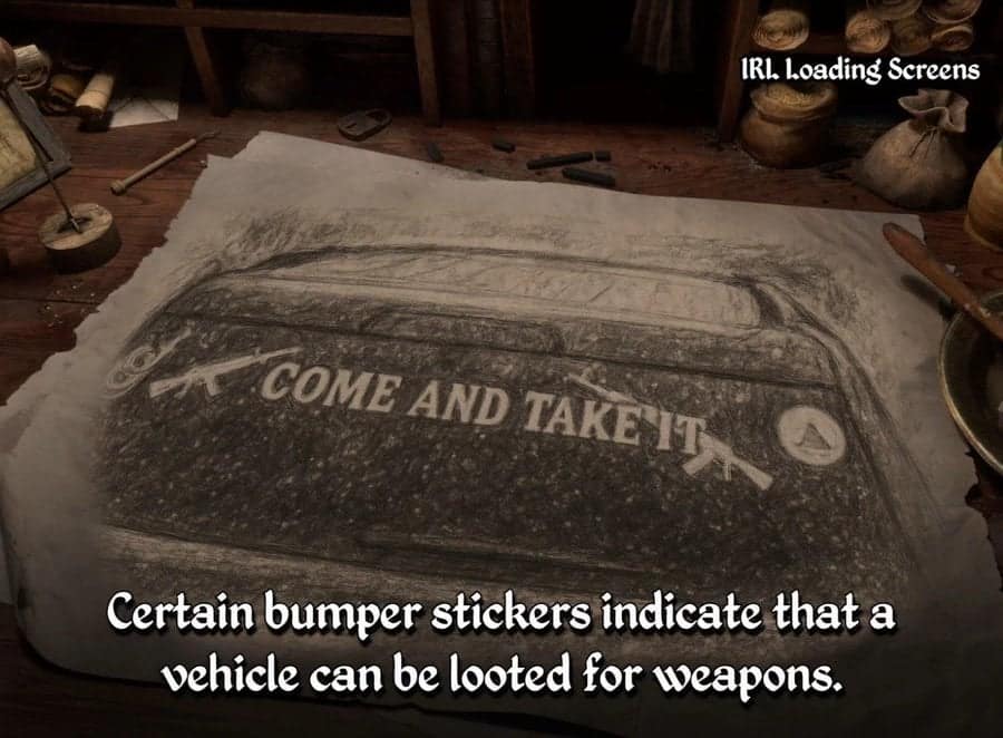 A survival guide IRL loading screens tip showing a dusty car rear window covered in gun stickers, advising players that this indicates the vehicle "can be looted for weapons."