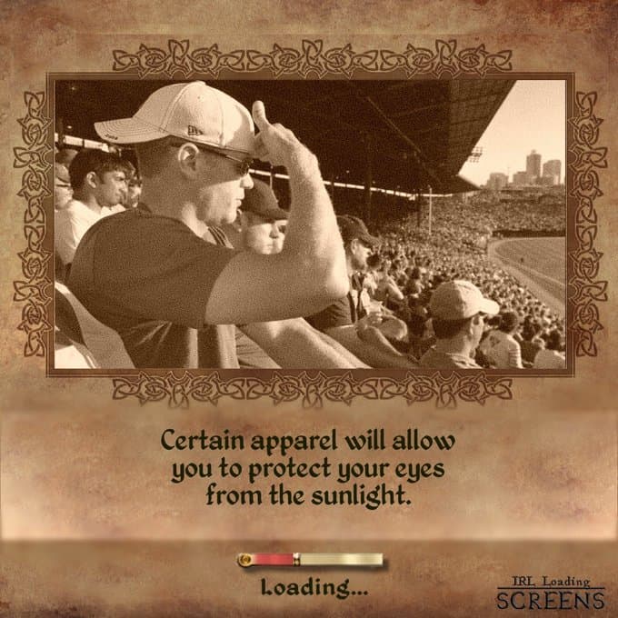 A sarcastic real life loading screen tutorial showing a man shading his eyes with his hand despite wearing a backwards cap, noting that "Certain apparel will allow you to protect your eyes from the sunlight."