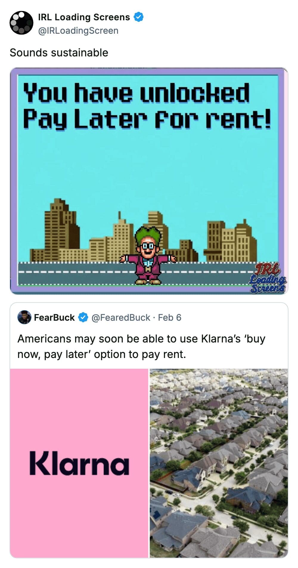 A dystopian real life loading screen achievement mocking a news headline about Klarna offering "Buy Now, Pay Later" for rent, presented as a sarcastic 8-bit game unlock.