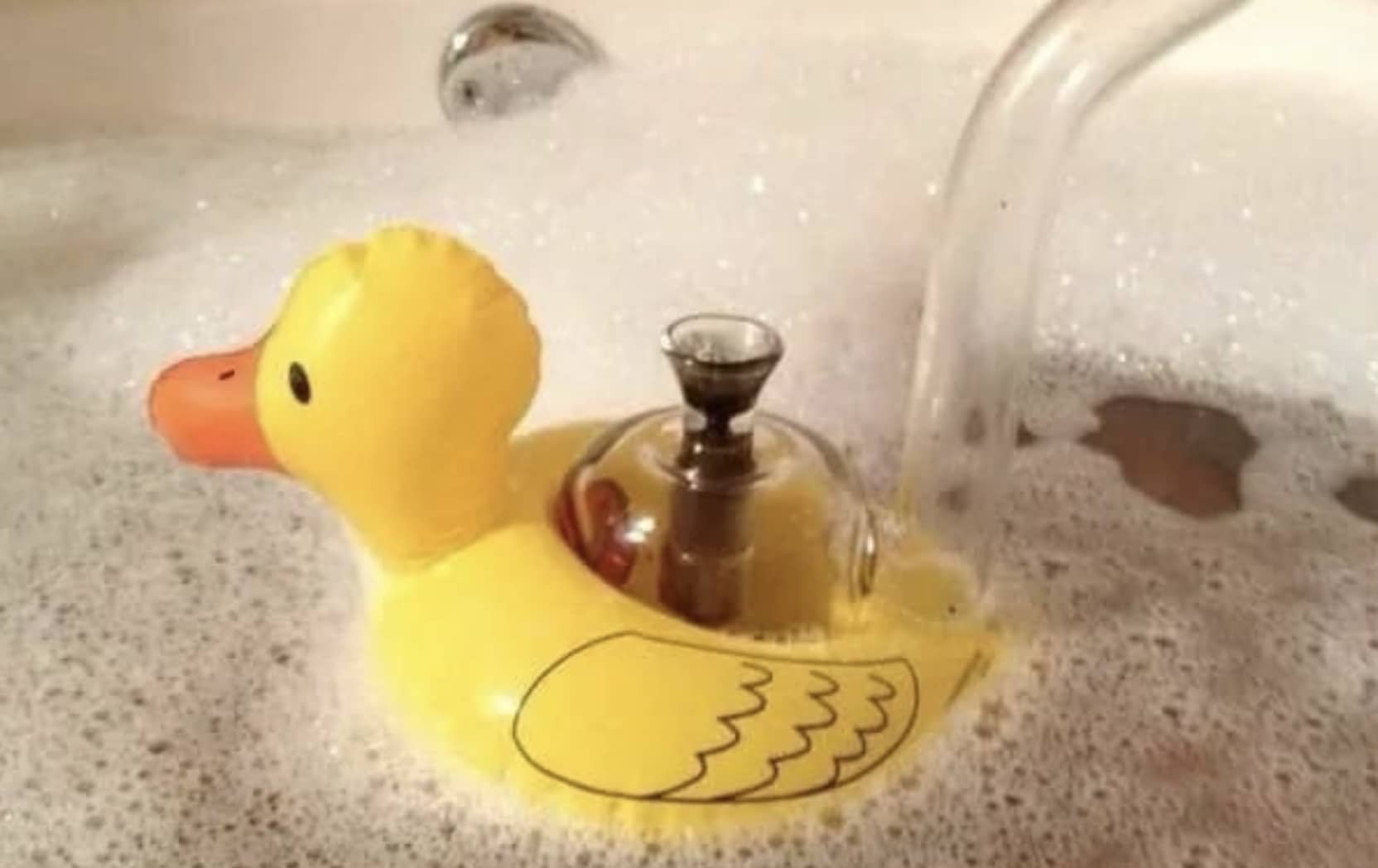 A glass water pipe floating in a bathtub inside a small yellow rubber ducky floatie.