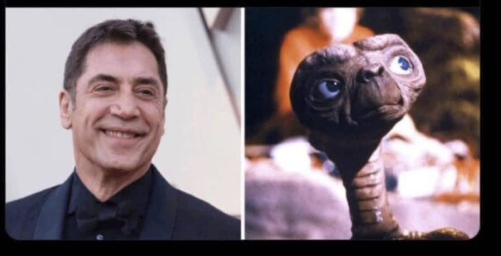 Side-by-side comparison of actor Javier Bardem smiling next to the alien character E.T