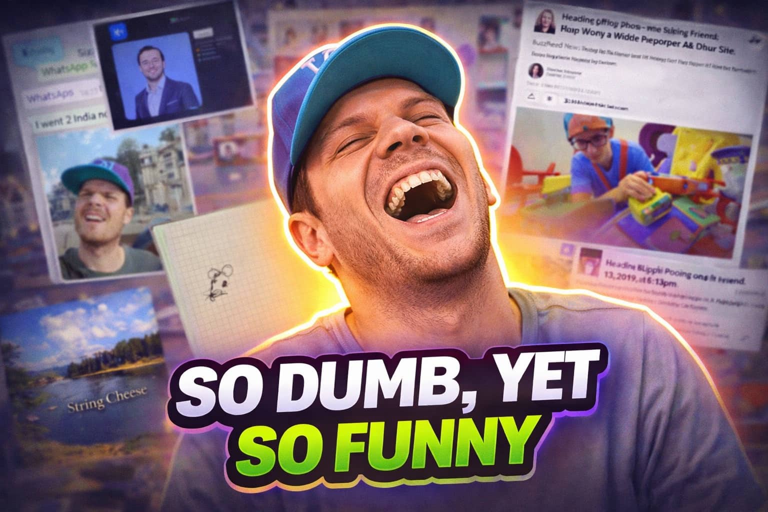 Man laughing hysterically at various internet memes with colorful text overlay reading So Dumb Yet So Funny.