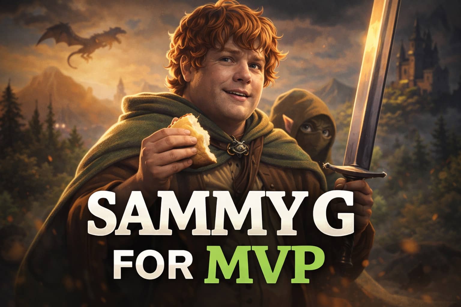 Digital illustration of Samwise Gamgee holding bread and a sword with the text Sammy G For MVP.