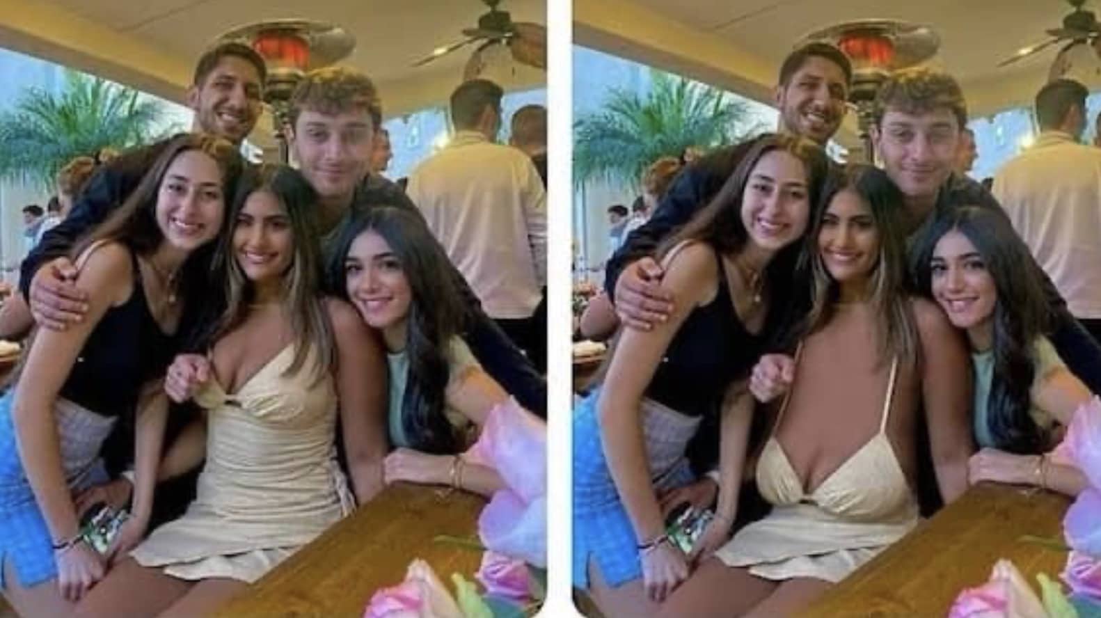 Side-by-side photo edit meme showing a group of friends with a subtle Photoshop alteration.