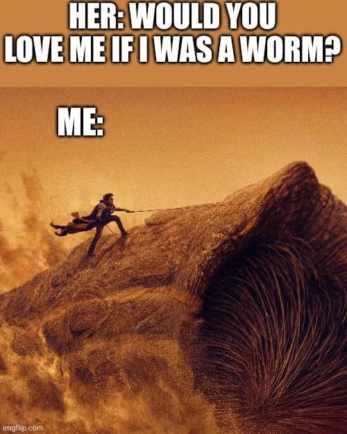 Tapping into a viral relationship trope, this Dune meme features a massive sandworm captioned with the question, "Would you love me if I was a worm?" alongside Paul Atreides using a maker hook to ride it.