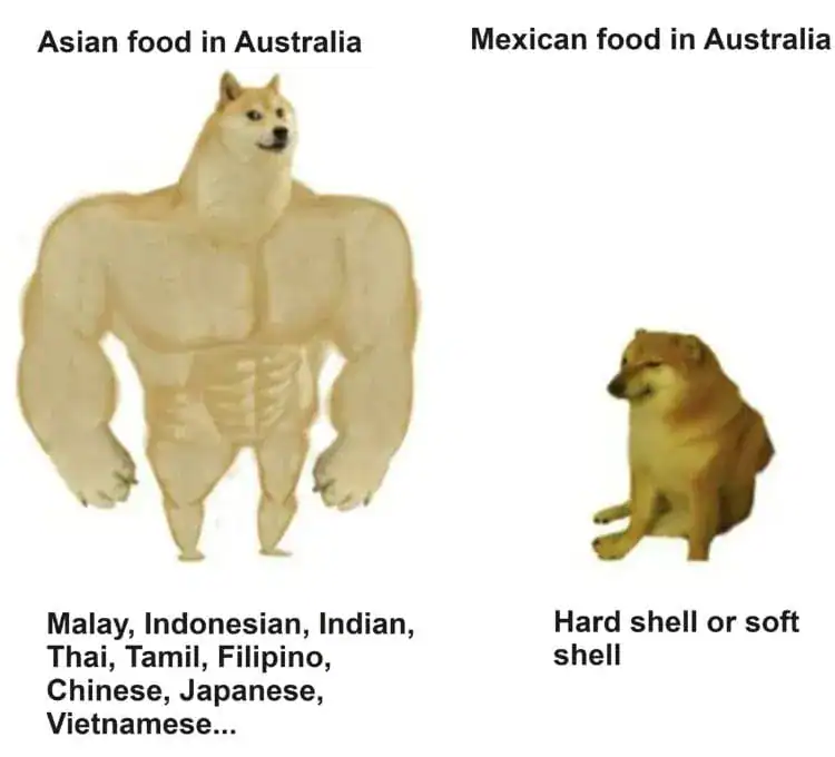 Swole Doge versus Cheems meme comparing high quality Asian food to basic Mexican food in Australia.
