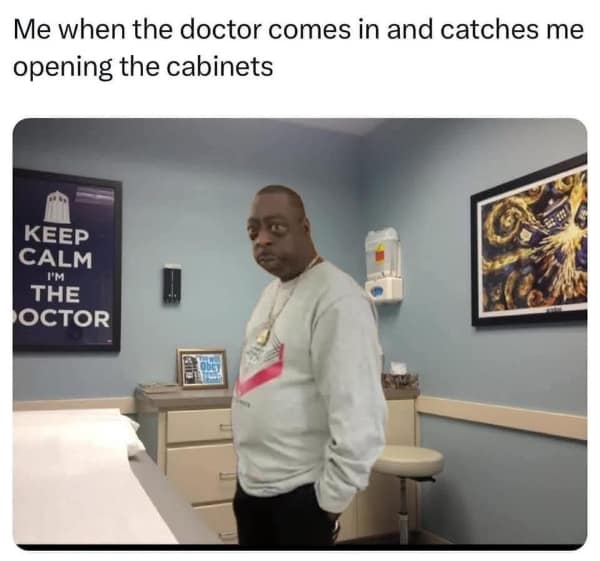 funny bad idea meme featuring the character Beetlejuice standing in a doctor’s exam room with a guilty expression, perfectly capturing the awkward moment the doctor catches you snooping in the medical cabinets