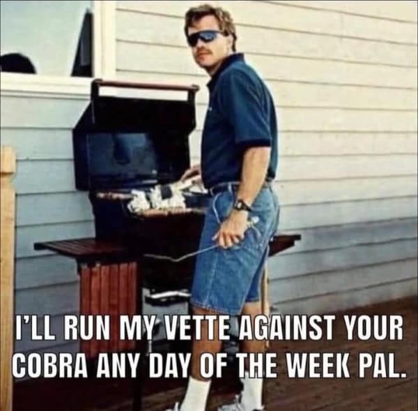 A peak "dad energy" bad idea meme showing a man in a polo and denim shorts grilling outside, captioned with the bold claim: "I'll run my vette against your cobra any day of the week pal."