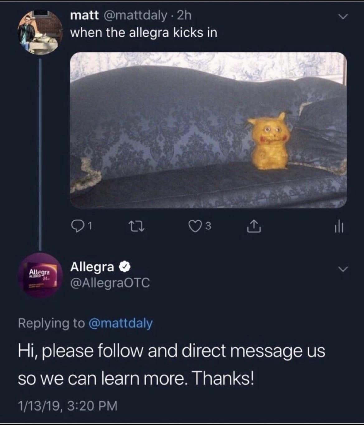 classic meme interaction on social media where a user posts a creepy, distorted Pikachu doll to represent the feeling of allergy meds kicking in, only to receive a hilariously formal corporate concern reply from the official Allegra account.