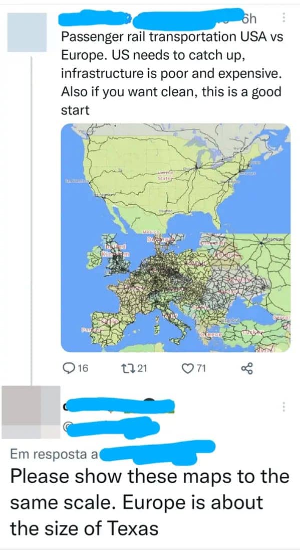 Tweet showing rail maps of USA and Europe with a comment claiming Europe is Texas-sized.