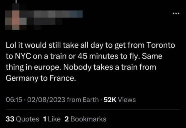 Twitter post incorrectly claiming that nobody in Europe takes trains between major countries like Germany and France.