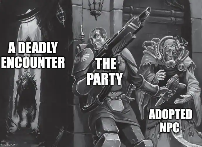 epic dnd meme using dark sci-fi art to show an armored warrior representing "the party" shielding a weak, cowering "adopted NPC" from a massive monster in the shadows representing a "deadly encounter."