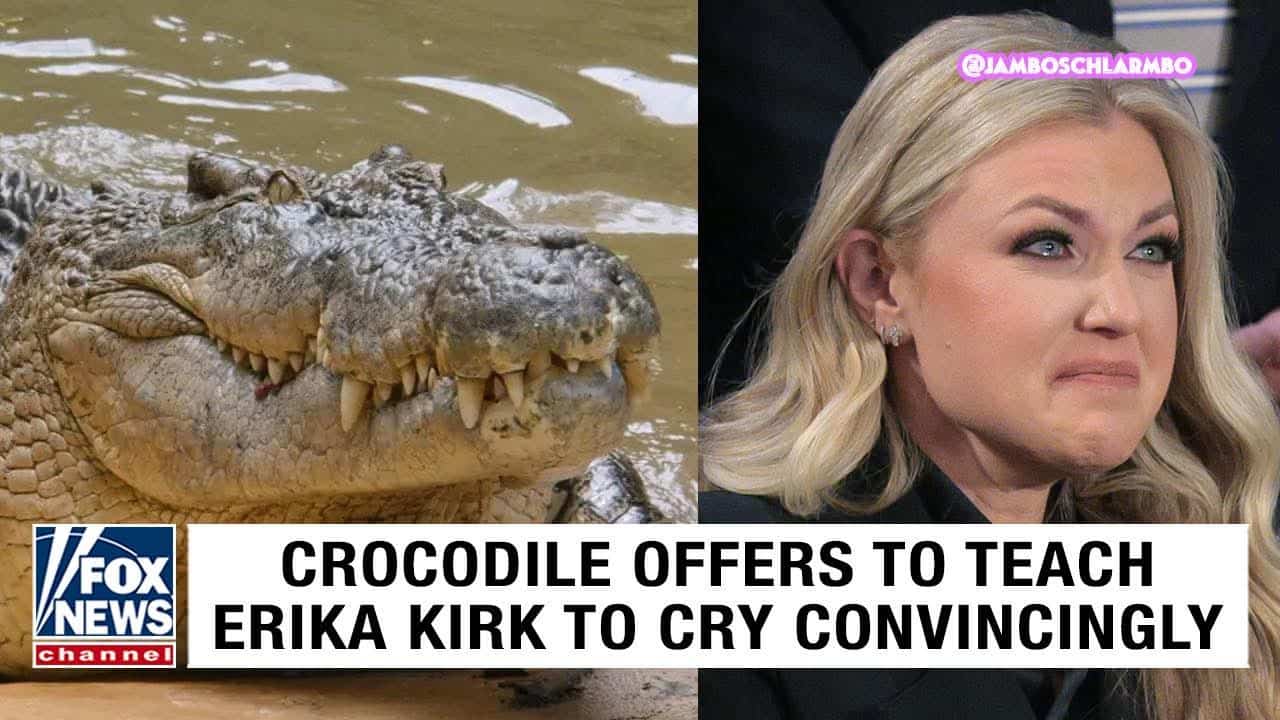 Satirical Fox News graphic about a crocodile offering to teach Erika Kirk to cry convincingly.