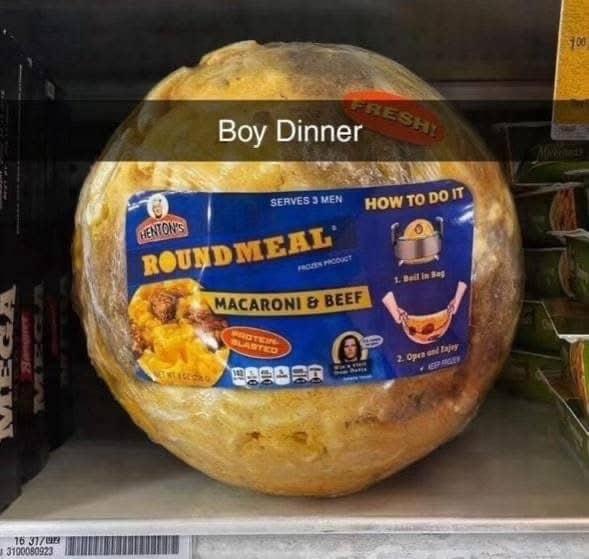 Bizarre grocery store product called Roundmeal macaroni and beef in a large spherical plastic wrap.