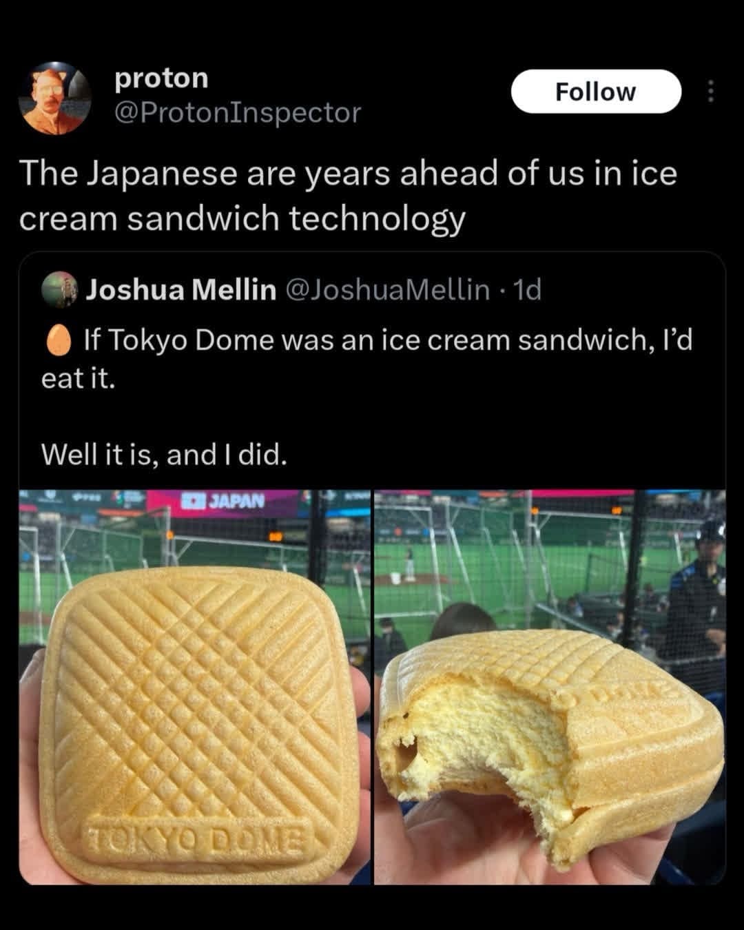 Tweet showcasing Tokyo Dome shaped ice cream sandwich technology as being years ahead in Japan.