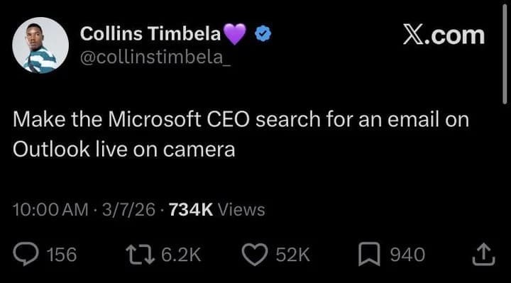 Viral tweet challenging the Microsoft CEO to search for a specific email using Outlook live.
