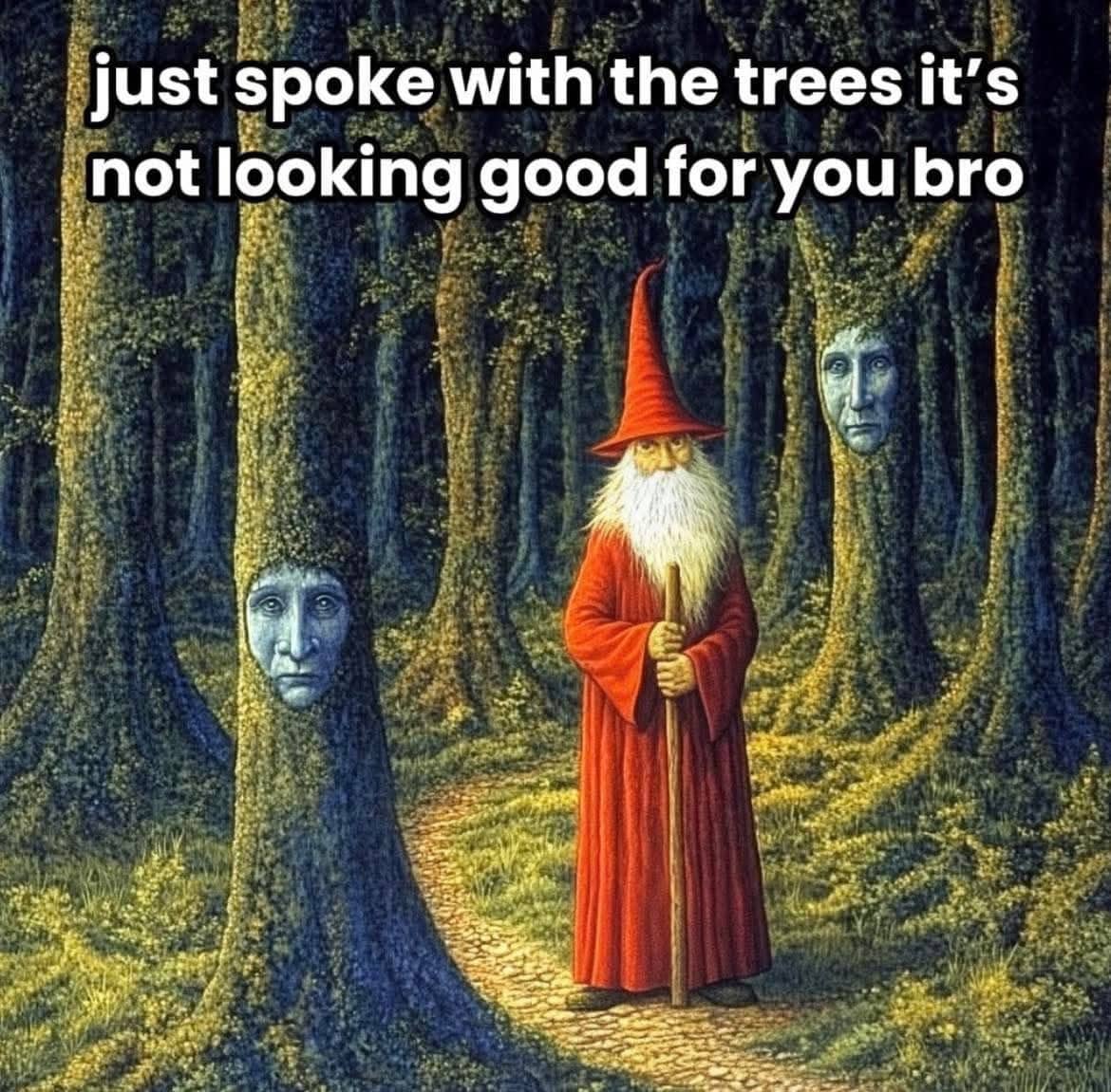 Fantasy art of a red-robed wizard in a forest where the trees have human faces.
