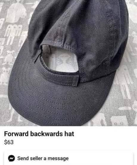 Marketplace listing for a forward backwards hat featuring a brim on the back opening side.