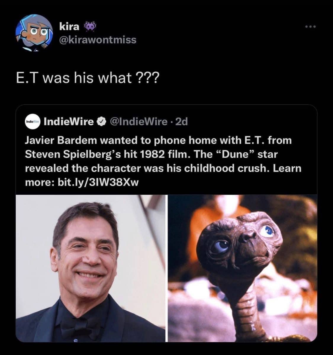 Social media post reacting to Javier Bardem revealing E.T. was his childhood celebrity crush.