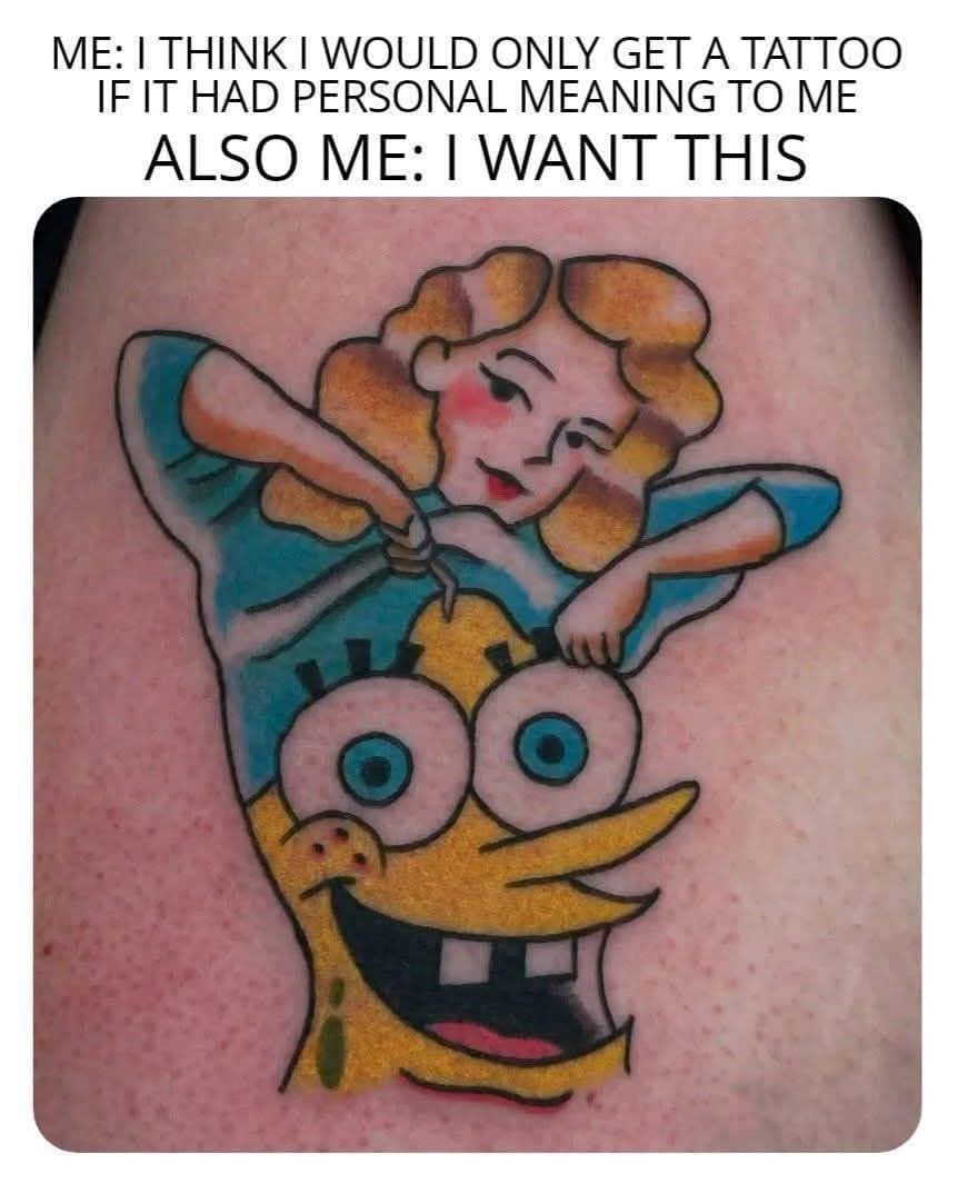 Unique tattoo of SpongeBob SquarePants being revealed from under a woman's dress in a classic pinup style.
