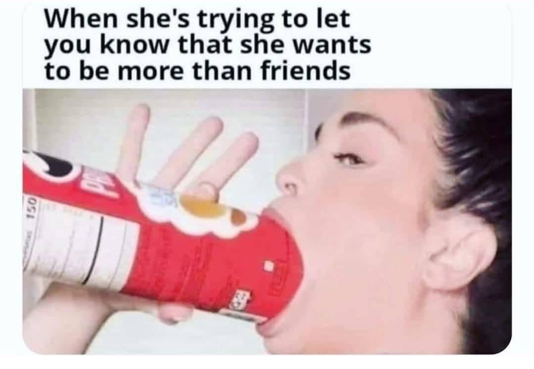 Suggestive meme of a woman fitting a whole Pringles can in her mouth.