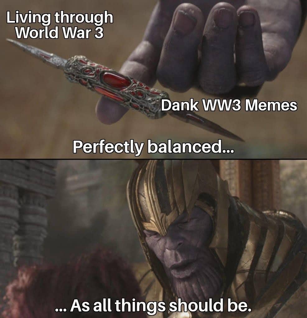 Thanos perfectly balanced meme representing the relationship between world events and dank memes.
