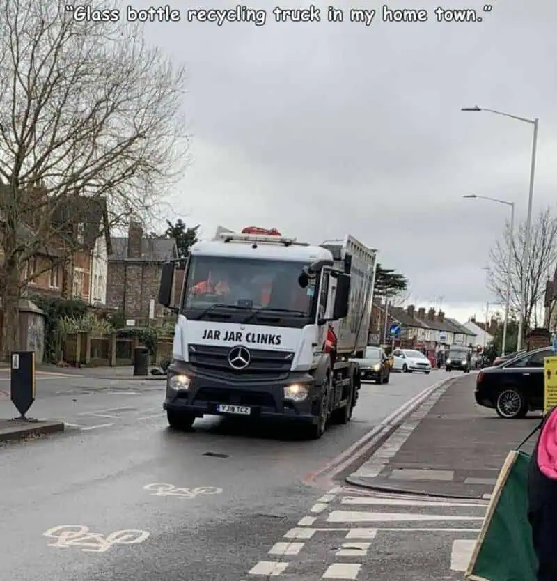 Glass bottle recycling truck brilliantly named "Jar Jar Clinks" Star Wars pun