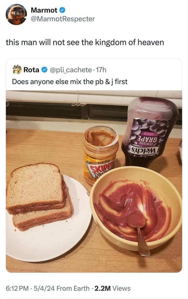Viral social media post showing a controversial bowl of pre-mixed peanut butter and grape jelly for a sandwich.