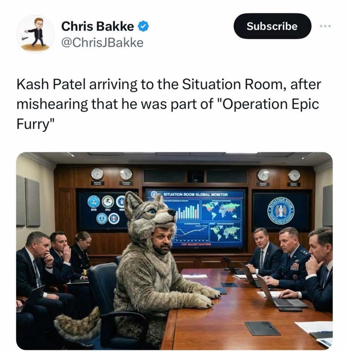 An AI-generated image of Kash Patel wearing a full gray wolf furry suit inside the White House Situation Room.