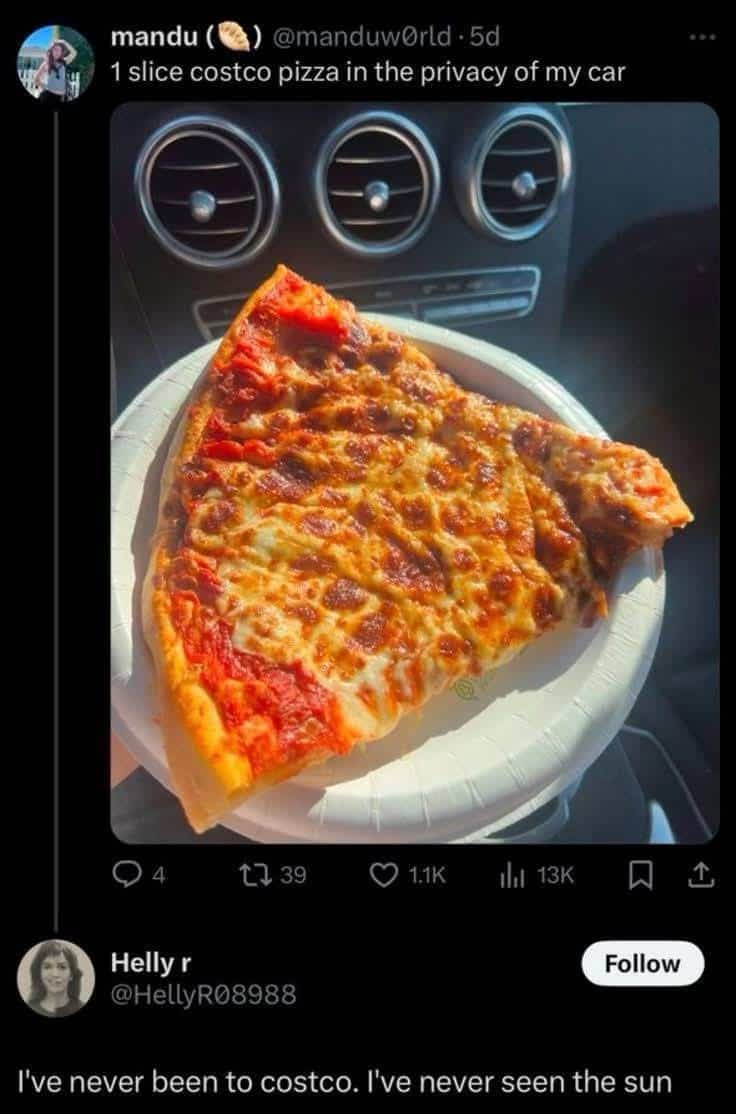 A close-up of a large Costco pizza slice in a car with a funny social media comment below.