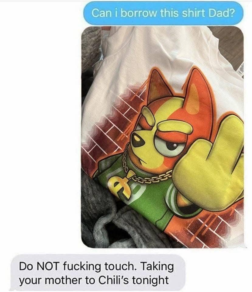 Text message thread where a dad refuses to let his child borrow a Bluey-themed graphic shirt.