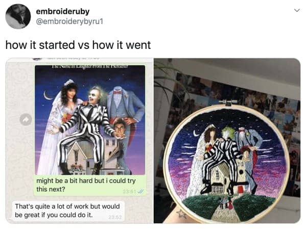 Side-by-side of Beetlejuice movie poster and a highly detailed hand-stitched embroidery recreation by embroideruby.