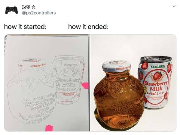 Pencil sketch of apple juice and strawberry milk bottles next to a hyper-realistic finished colored drawing.