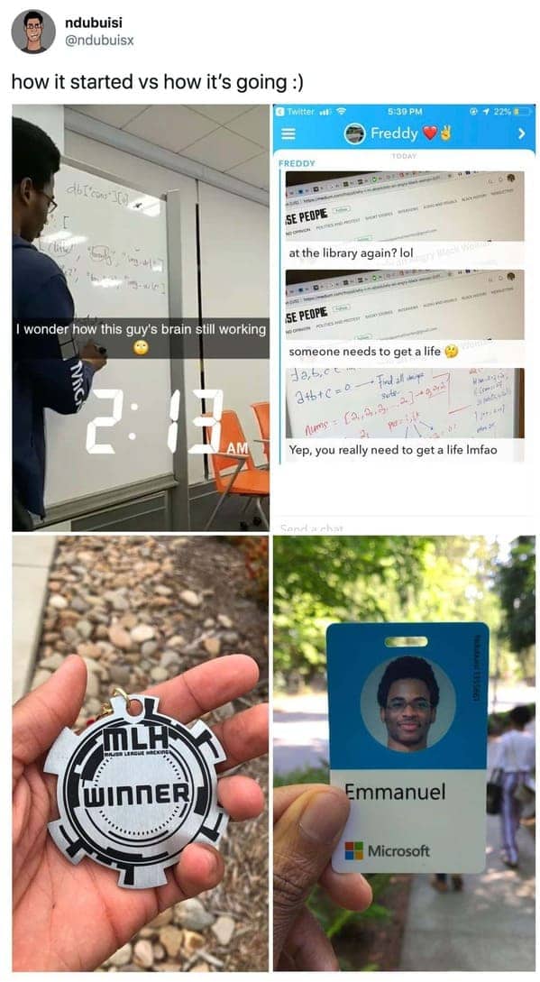 Student studying at a whiteboard late at night followed by holding a Microsoft employee badge.