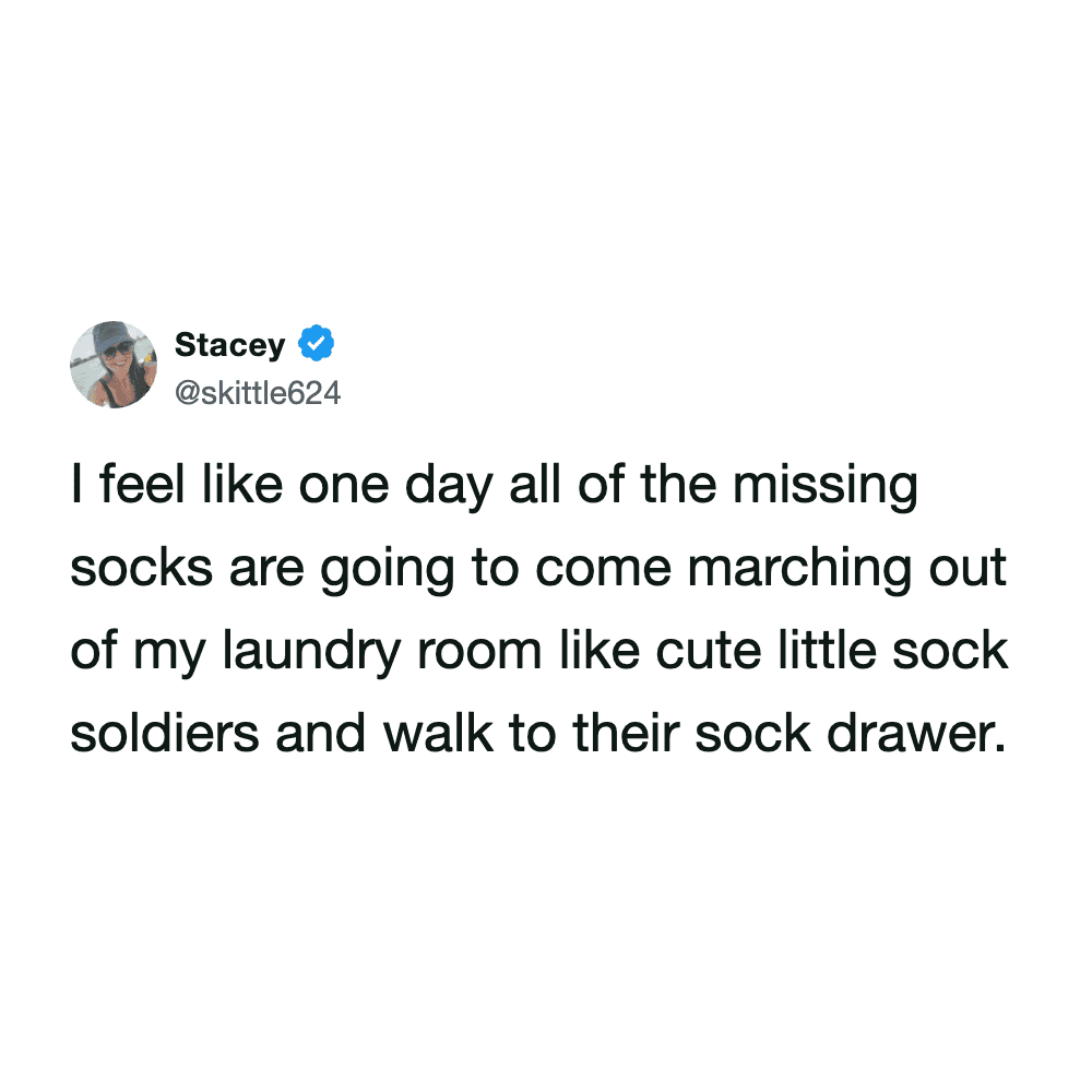 wholesome and funny tweet about laundry imagining a day when all the missing mismatched socks finally march out of the dryer together like cute little soldiers, bringing a whimsical energy to this laundry meme.