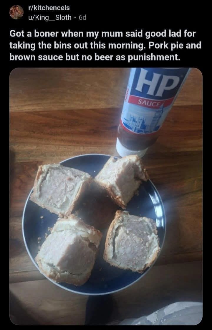A truly cursed meme dump entry from the "r/kitchencels" subreddit. It shows a plate of cut-up pork pie with HP sauce, accompanied by a caption about a "punishment" meal for a bizarrely specific and uncomfortable domestic incident involving the user's mother.