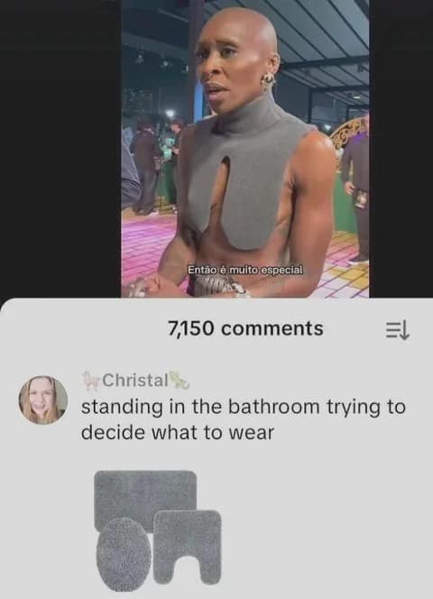 A high-fashion meme dump comparison showing an artist in a grey, multi-cutout turtleneck, comically compared to a standard three-piece set of grey plush bathroom rugs.