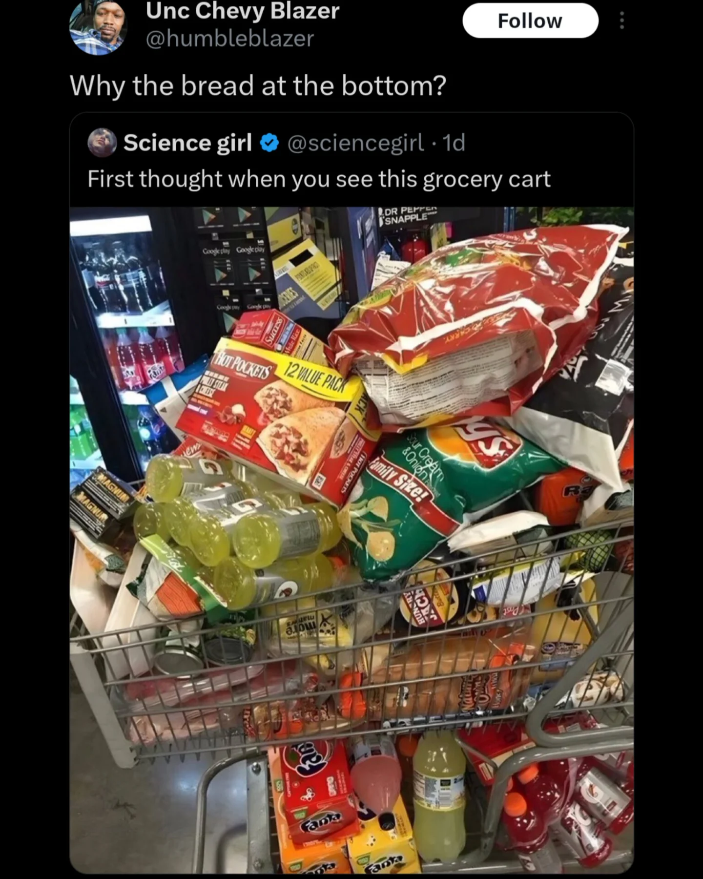 A chaotic grocery store internet meme showing a shopping cart absolutely overloaded with soda, Hot Pockets, and junk food, while a user astutely questions why a fragile loaf of bread is buried at the very bottom in this meme dump.