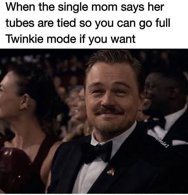 raunchy and mischievous funny meme featuring a smirking Leonardo DiCaprio in a tuxedo. The text reads: "When the single mom says her tubes are tied so you can go full Twinkie mode if you want," referencing a specific and messy sexual innuendo with cinematic flair.
