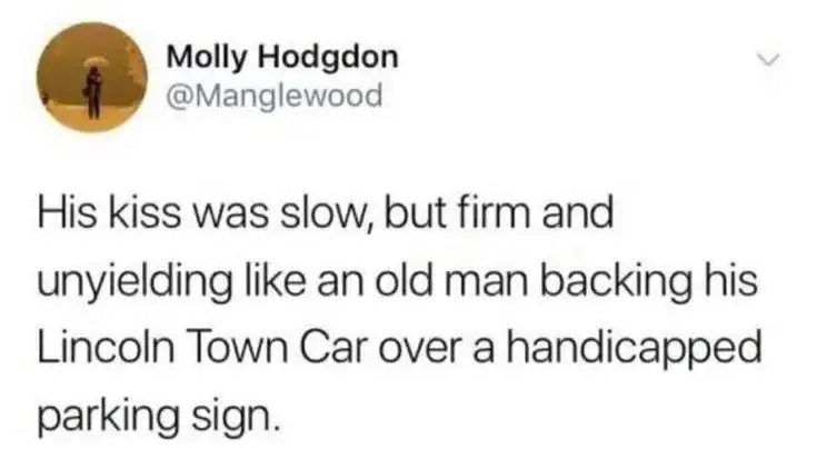 hilarious and oddly specific meme shown as a tweet from Molly Hodgdon, describing a slow and unyielding kiss by comparing it to the relentless force of an elderly man backing a Lincoln Town Car over a handicapped parking sign.