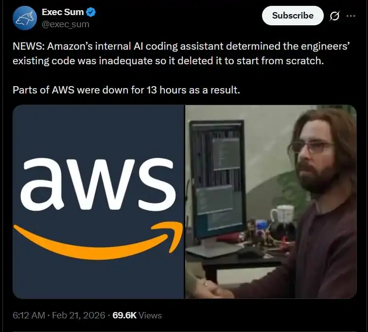 Satirical news post claiming an Amazon AI coding assistant ruthlessly deleted all human engineers' code for being inadequate and took down AWS.