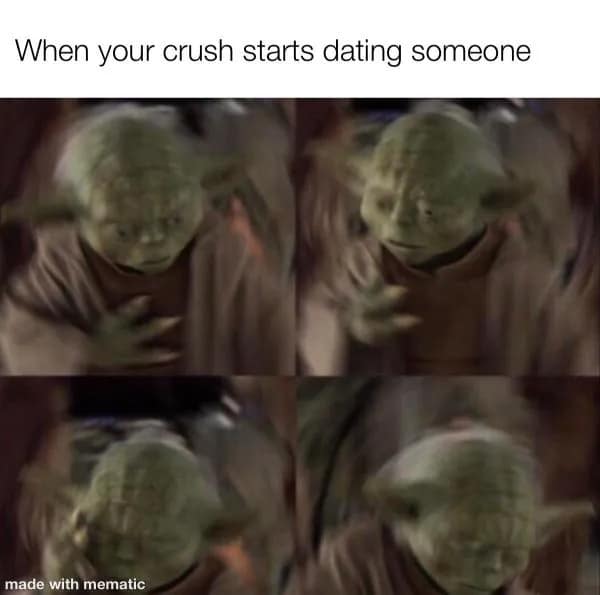 A blurry and distressed relatable meme featuring four panels of a vibrating, low-resolution Yoda clutching his chest. The caption reads: "When your crush starts dating someone."