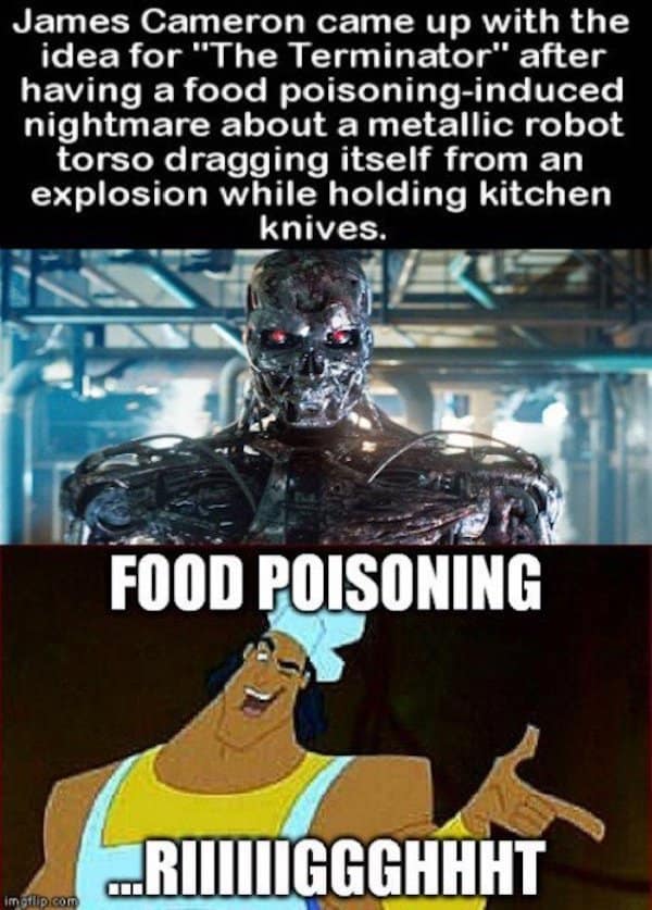 A skeptical Terminator meme regarding the film's origin. The top panel features a text box explaining that James Cameron dreamed of a robot torso with kitchen knives due to food poisoning. Below, the character Kronk from The Emperor's New Groove gives a knowing, suspicious look with the caption: "FOOD POISONING... RIIIIIIIGGGHHHT," implying the inspiration might have come from elsewhere.
